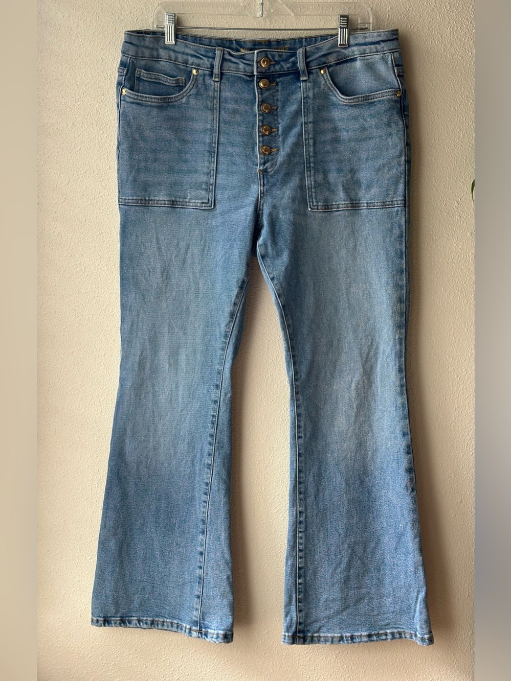 Michael Kors Selma High Rise Flare Jeans Women 14 Blue Button Fly Patch Pocket